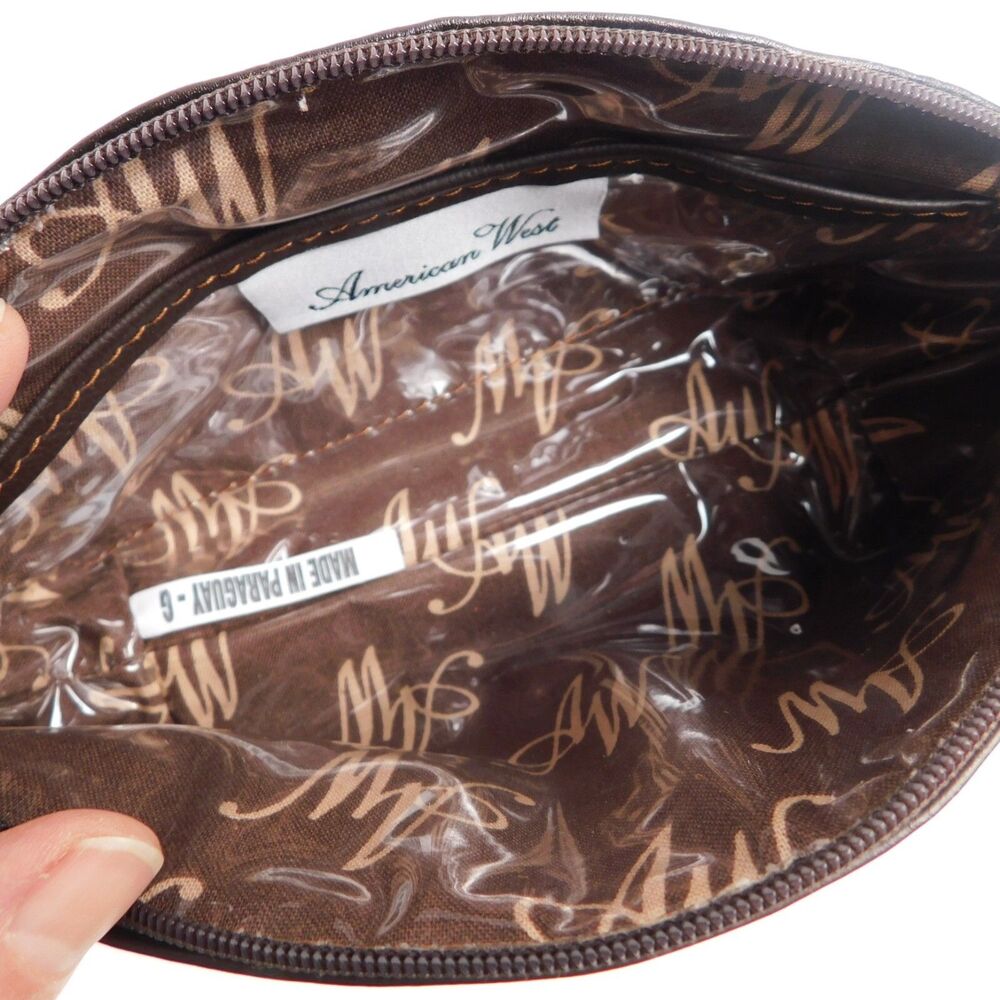 American West Hand Tooled Leather Cow Print Small Travel Cosmetic Zip Up Bag - Picture 10 of 14
